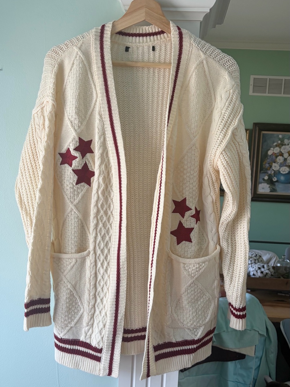 Forever 21 Cream Open-Front Cardigan with Burgundy Star Appliqués